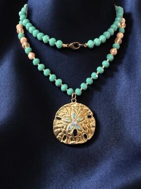 Gold and Turquoise Beaded Necklace With Sand Dollar / Starfish Pendant